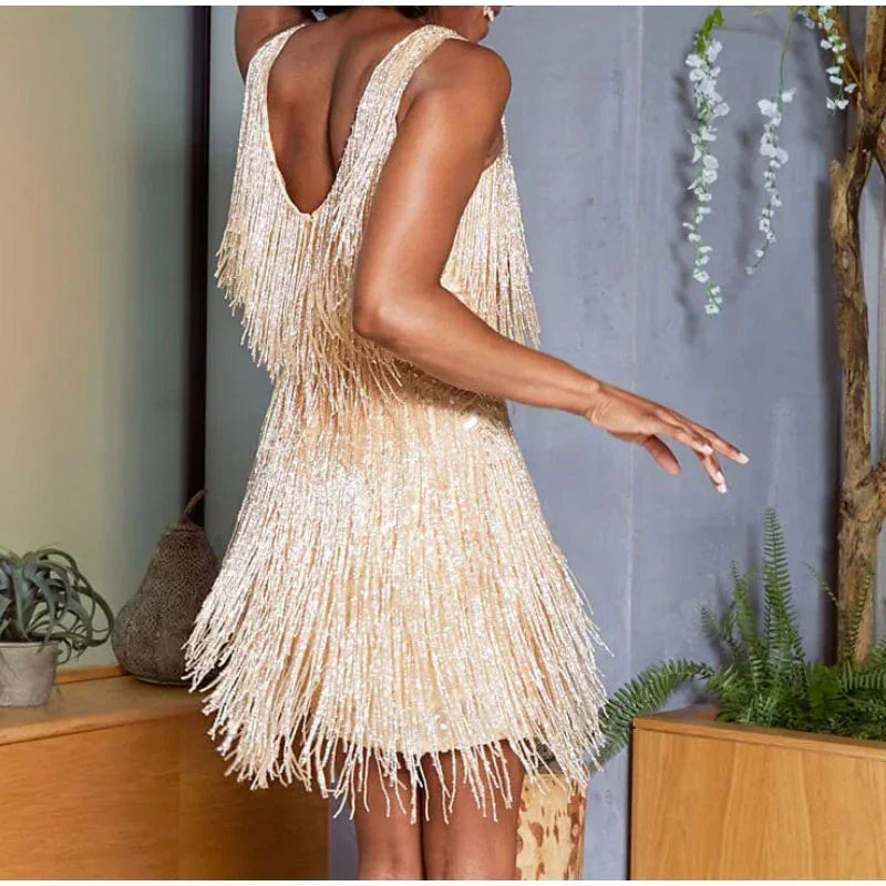 Catrinae Mini Dress | Gold Fringe and Feather Mini Party Dress with Spaghetti Straps