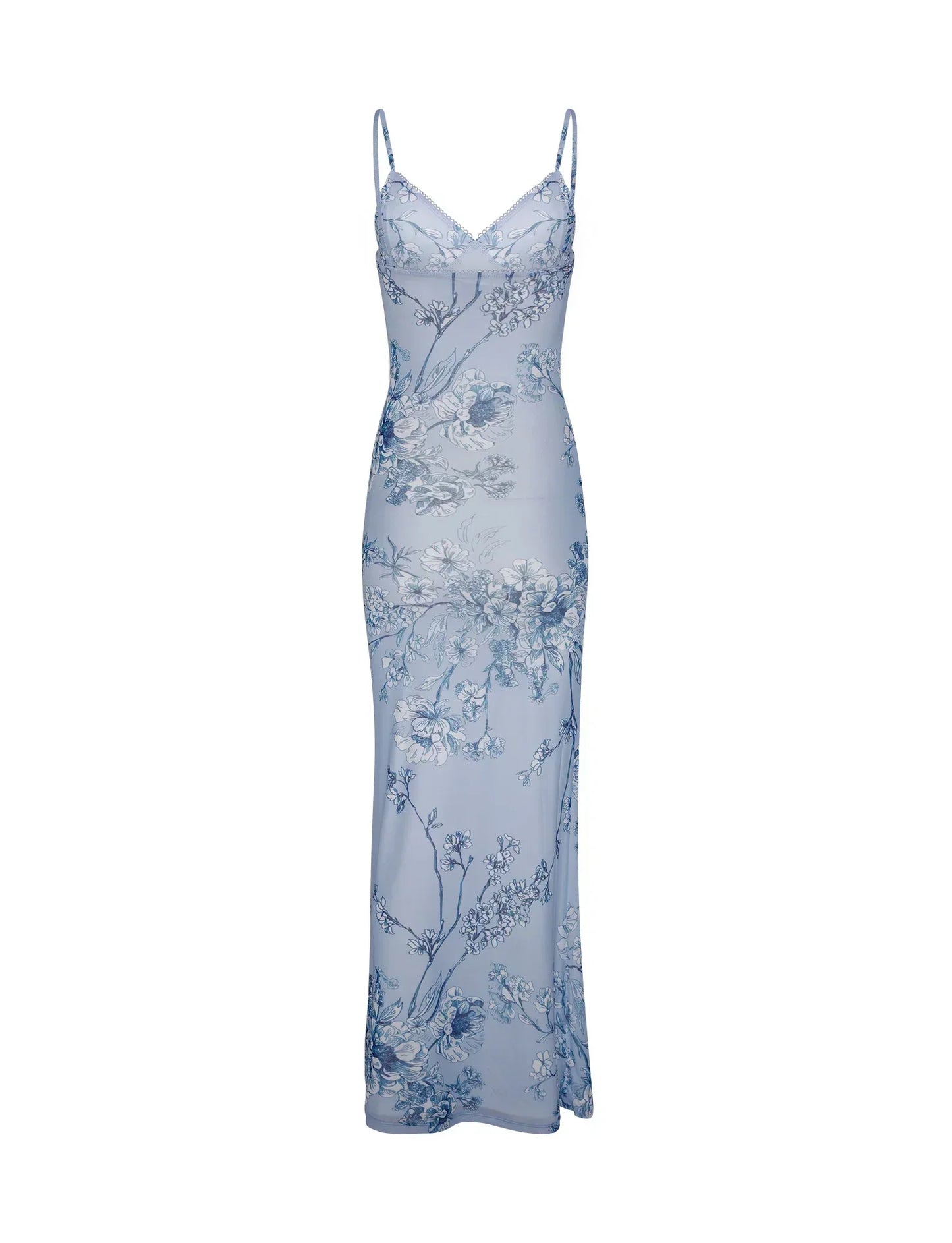 Curienna Maxi Dress | Light Blue Floral Bodycon Dress with Spaghetti Straps for Women