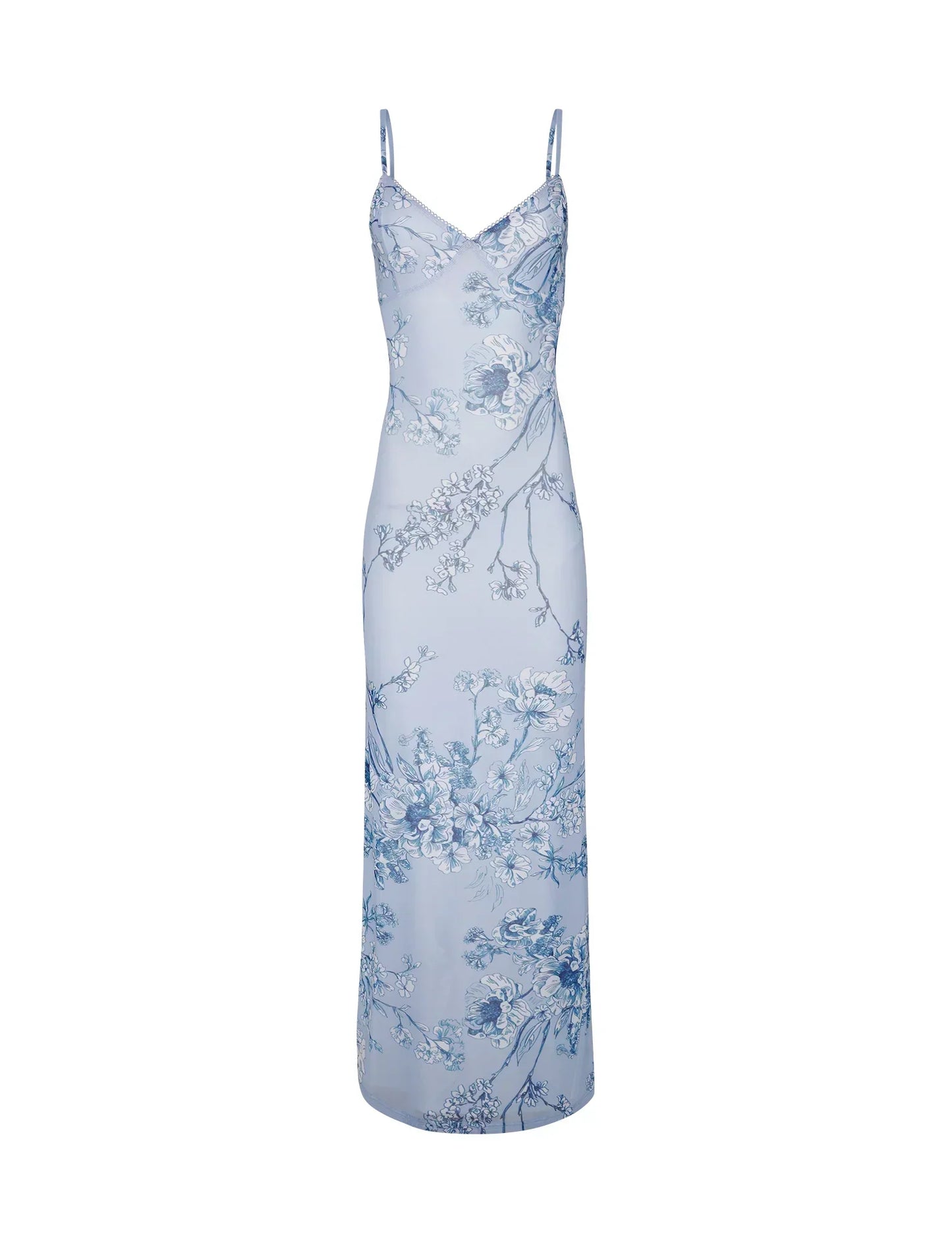 Curienna Maxi Dress | Light Blue Floral Bodycon Dress with Spaghetti Straps for Women