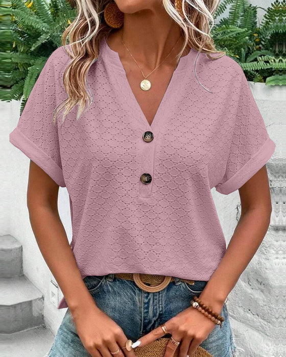Firin Blouse | Women’s Short-Sleeve V-Neck Blouse with Button Front and Rolled Sleeves