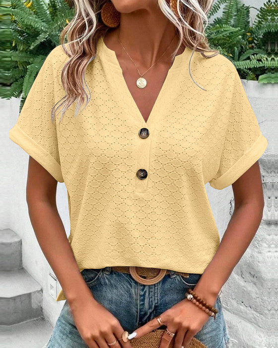 Firin Blouse | Women’s Short-Sleeve V-Neck Blouse with Button Front and Rolled Sleeves