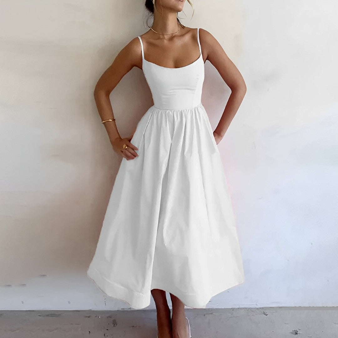 Clareth Midi Dress | Pink Spaghetti Strap A-Line Midi Dress with Fitted Bodice