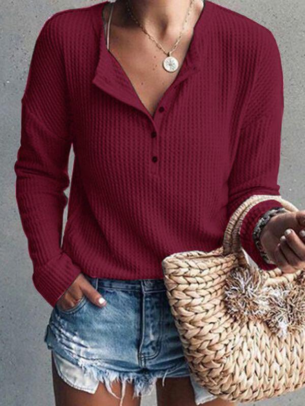 Priscilla Top | Women's Autumn Casual Ribbed Long Sleeve Top with Button Detail