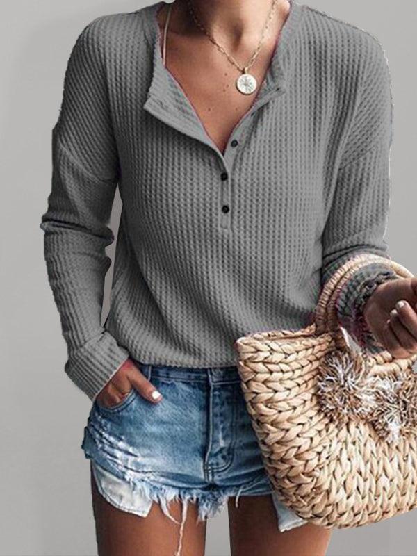 Priscilla Top | Women's Autumn Casual Ribbed Long Sleeve Top with Button Detail