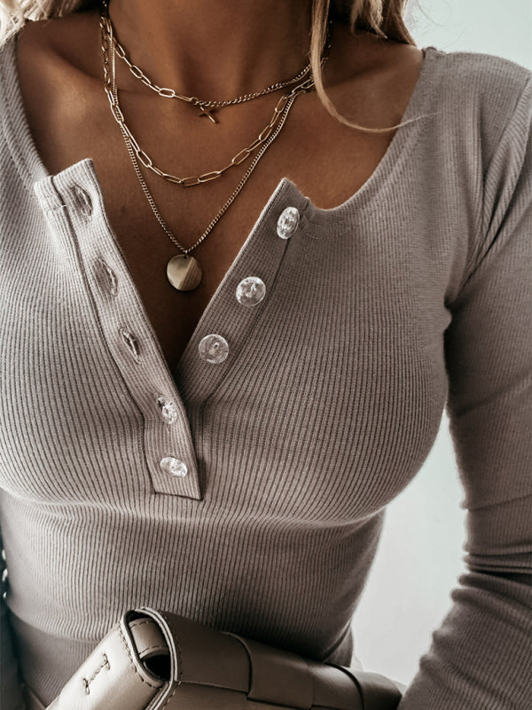 Pixie Top | Women's Autumn Fitted Ribbed Long Sleeve Button Top