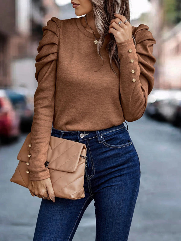 Premila Top | Women's Autumn Fitted Round Neck Top with Long Ruffle Sleeves