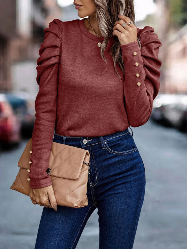 Premila Top | Women's Autumn Fitted Round Neck Top with Long Ruffle Sleeves