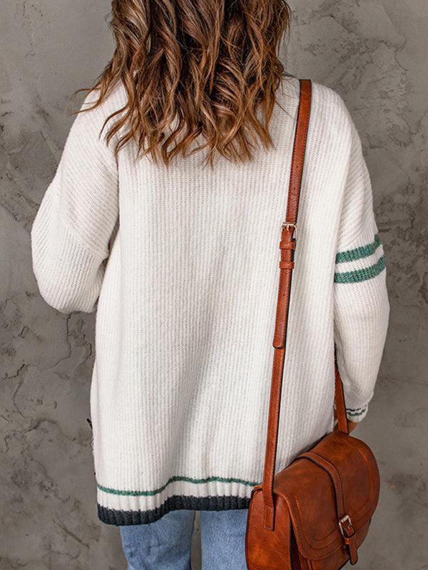 Pearl Cardigan | Women's Autumn Stripe Edge Cable Knit V-Neck Cardigan with Pockets