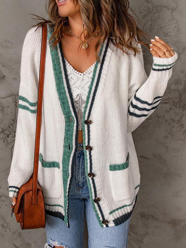 Pearl Cardigan | Women's Autumn Stripe Edge Cable Knit V-Neck Cardigan with Pockets