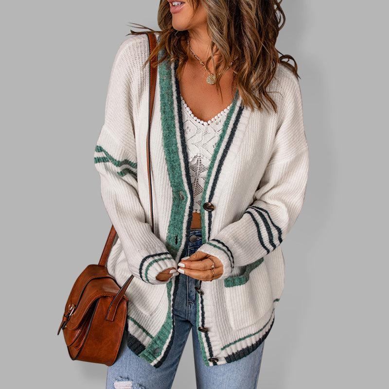 Pearl Cardigan | Women's Autumn Stripe Edge Cable Knit V-Neck Cardigan with Pockets