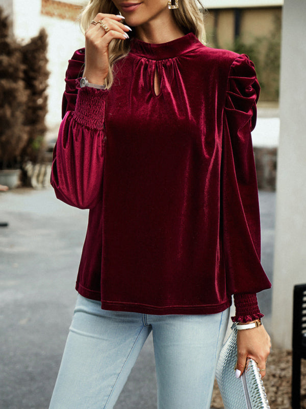 Polly Top | Women’s Autumn Velvet Turtleneck Bow Puff Sleeve Top