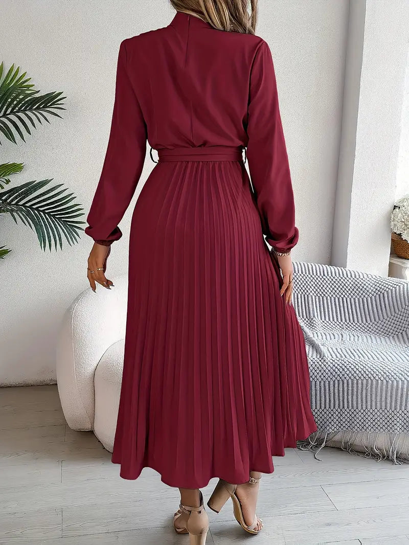 Bethan Midi Dress | Women’s Elegant Midi Dress with Stand Collar and Pleated Waist Belt
