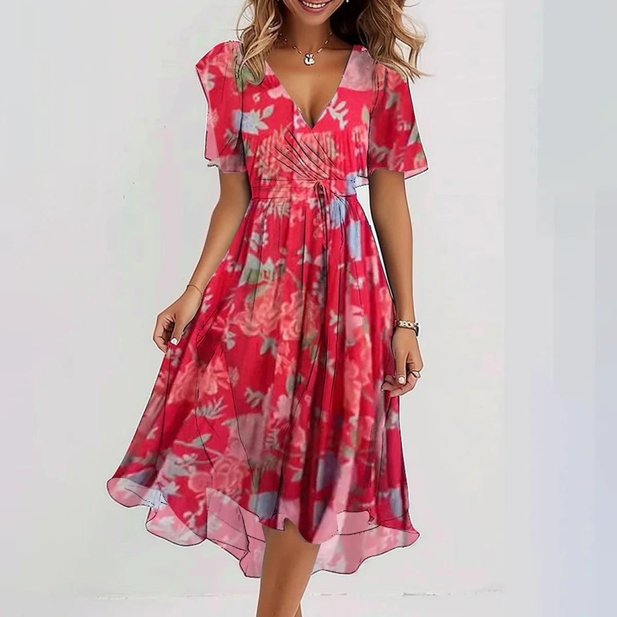 Fionelle Dress | Vibrant V-Neck Midi Dress with Flowy Fit and Short Flutter Sleeves