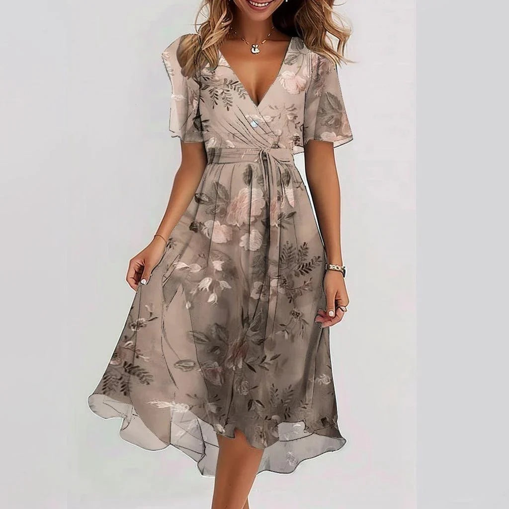 Fionelle Dress | Vibrant V-Neck Midi Dress with Flowy Fit and Short Flutter Sleeves