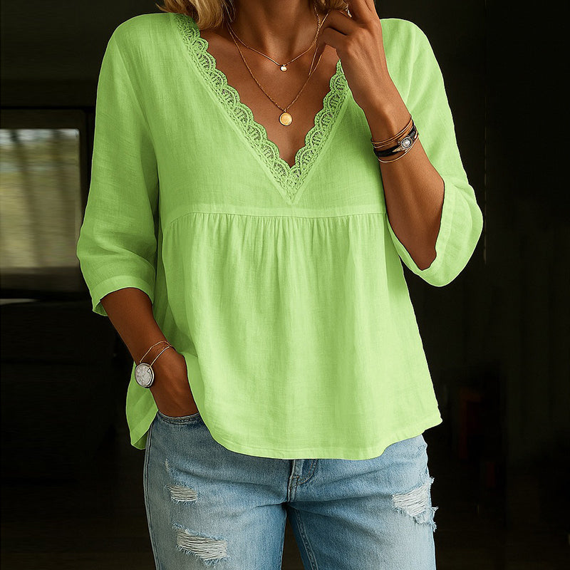 Qila Blouse | Women's Autumn 3/4 Sleeve V-Neck Lace Trim Blouse
