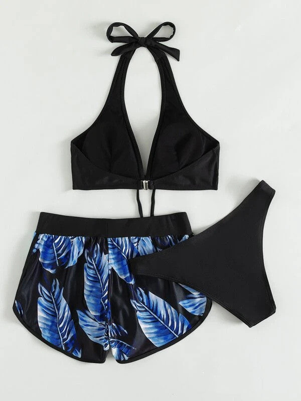 Dalvienne Bikini Set | Halter Bikini Top with High-Waisted Tropical Print Swim Shorts