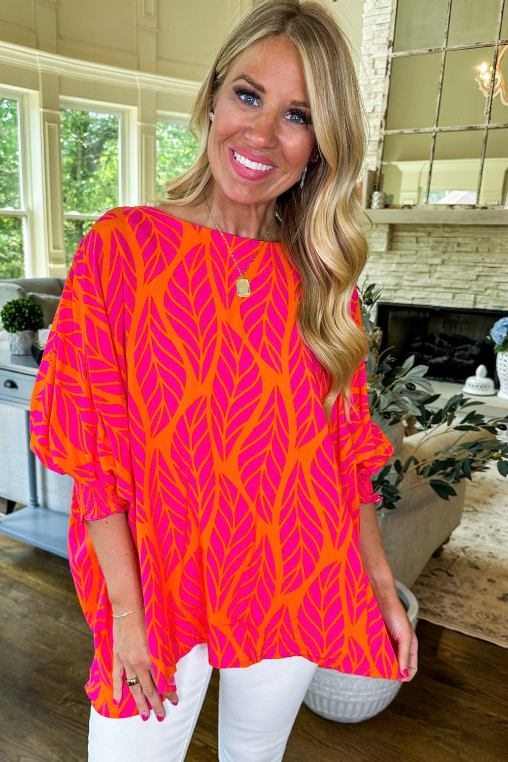 Xaria Blouse | Rose Tropical Leaf Smocked Puff Sleeve Top