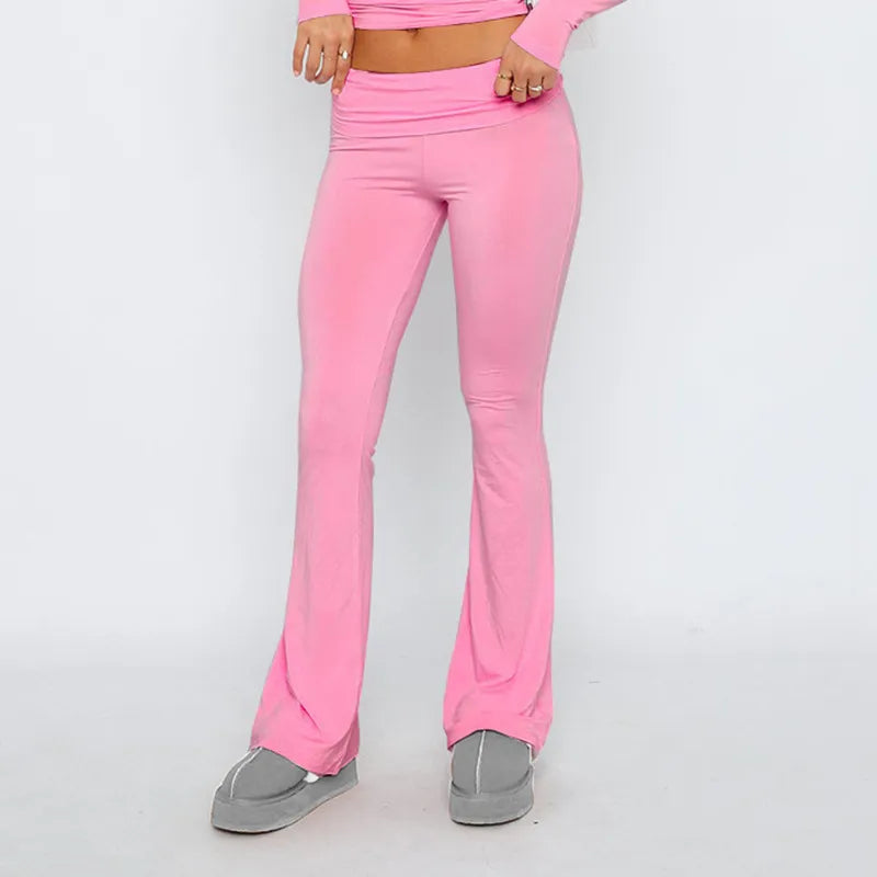 Curayna Two-Piece Set | Ribbed Short and Long Sleeve Crop Top and Flared Pants Outfit