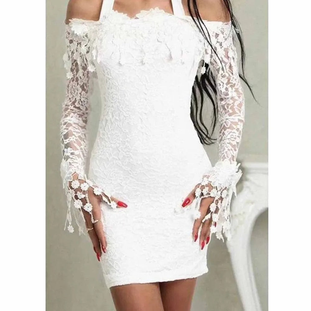 Cireyne Bodycon Dress | White Off-Shoulder Lace Dress with Long Sleeves for Women
