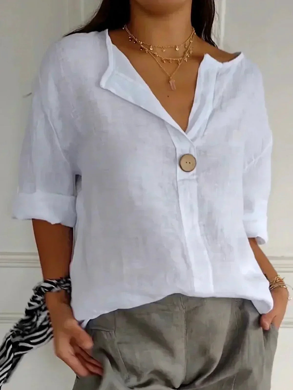 Elenya Blouse | Lightweight Linen-Look Blouse with V-Neck and Single Button Detail