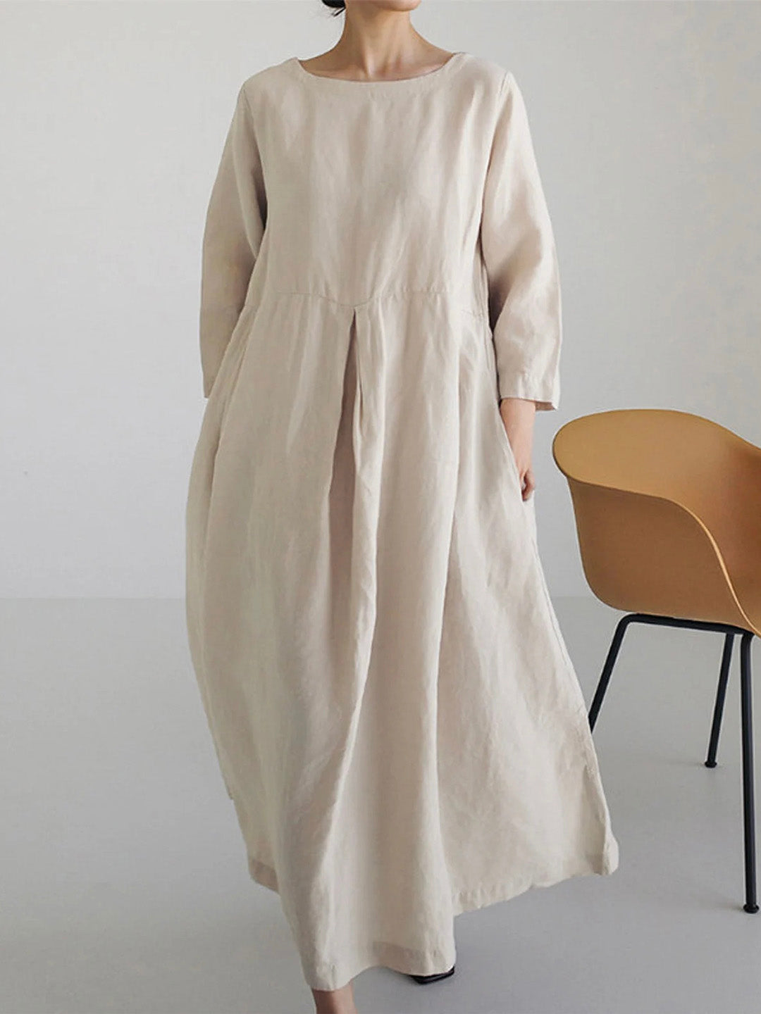 Dovena Dress | Loose-Fit Linen Maxi Dress with Long Sleeves and Minimalist Pleated Design