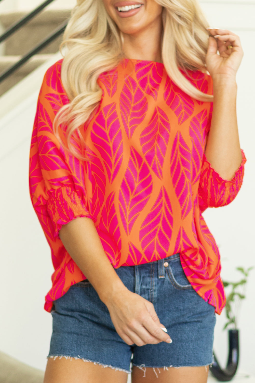 Xaria Blouse | Rose Tropical Leaf Smocked Puff Sleeve Top