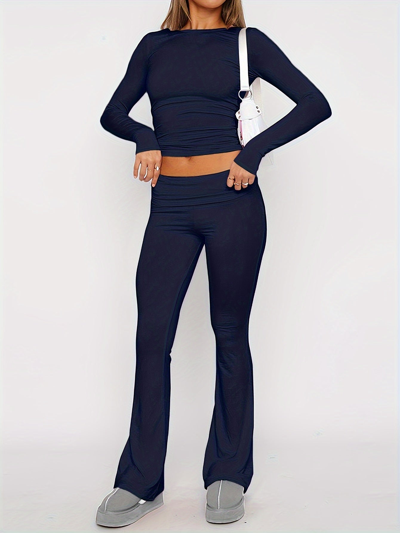 Curayna Two-Piece Set | Ribbed Short and Long Sleeve Crop Top and Flared Pants Outfit