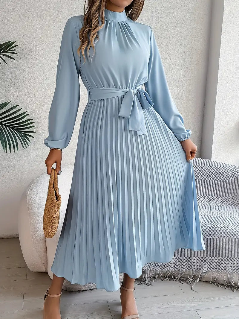 Bethan Midi Dress | Women’s Elegant Midi Dress with Stand Collar and Pleated Waist Belt