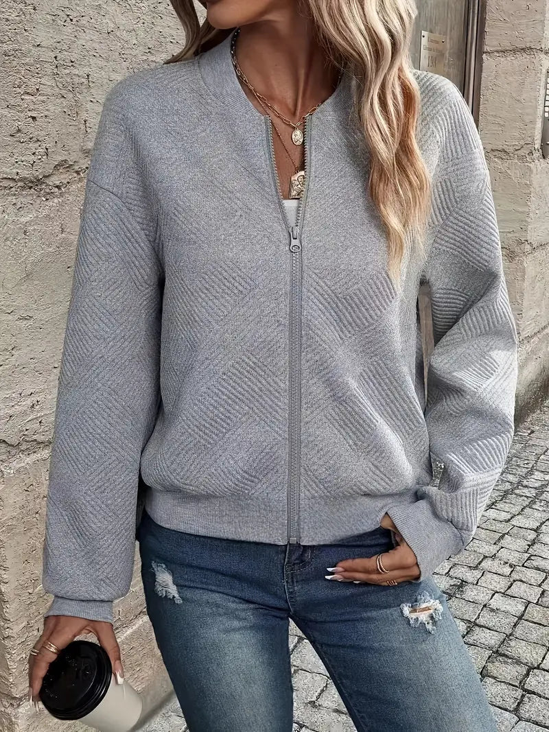 Qamar Cardigan | Women's Autumn Zip-Up Textured Cardigan with Ribbed Hem