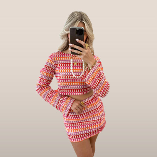 Bethany Knit Set | Long-Sleeve Top & Mini Skirt Two-Piece Outfit