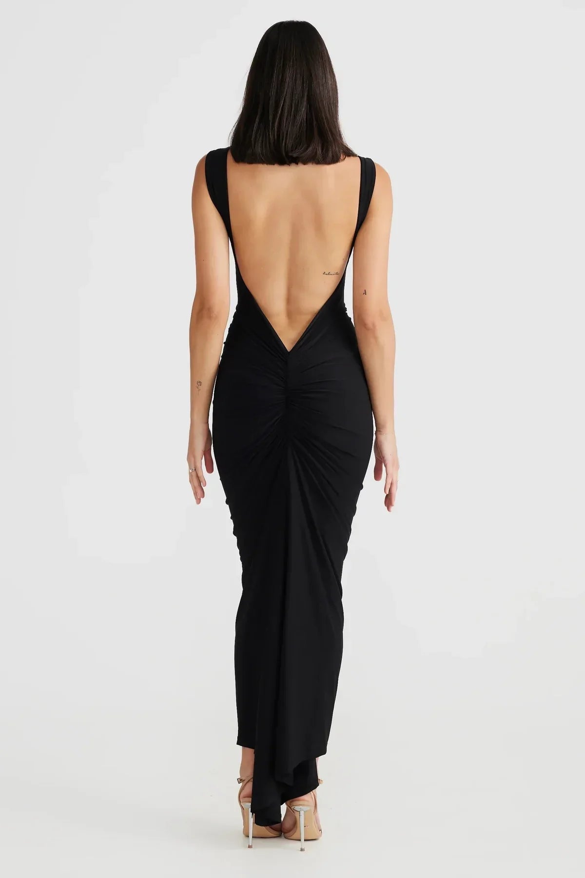 Bonnie Backless Dress | Women’s Long Ruched Sheath Dress with Open Back