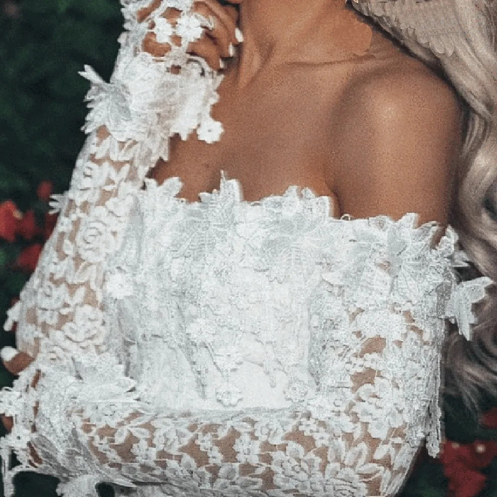 Cireyne Bodycon Dress | White Off-Shoulder Lace Dress with Long Sleeves for Women