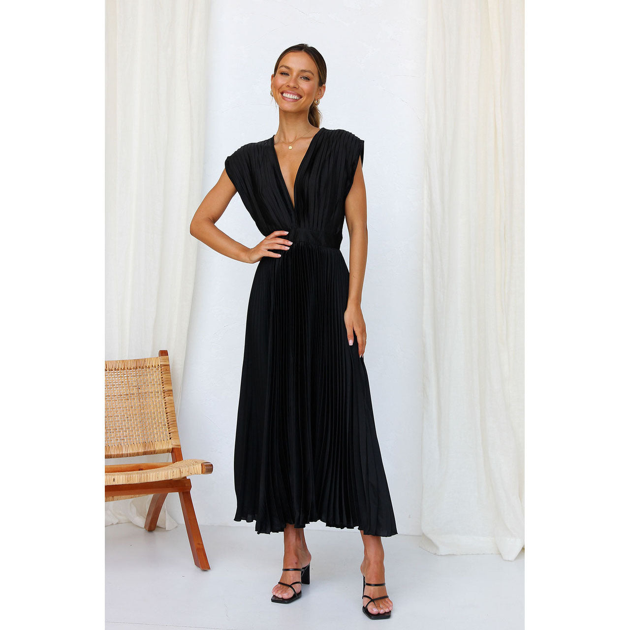 Dorealis Dress | Pleated Midi Dress with V-Neckline and Elegant Flowing Fit