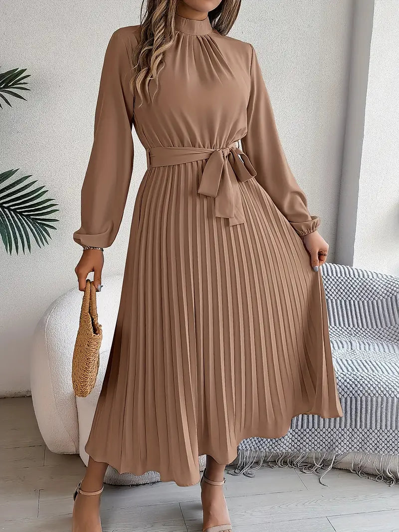 Bethan Midi Dress | Women’s Elegant Midi Dress with Stand Collar and Pleated Waist Belt