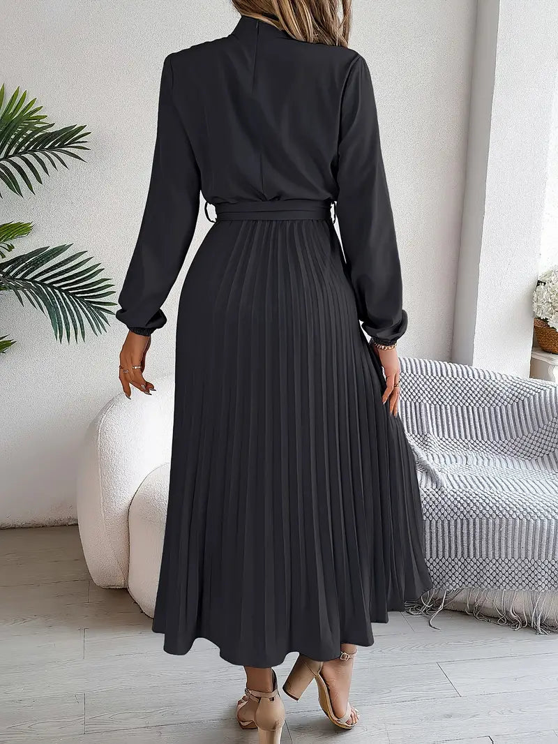 Bethan Midi Dress | Women’s Elegant Midi Dress with Stand Collar and Pleated Waist Belt