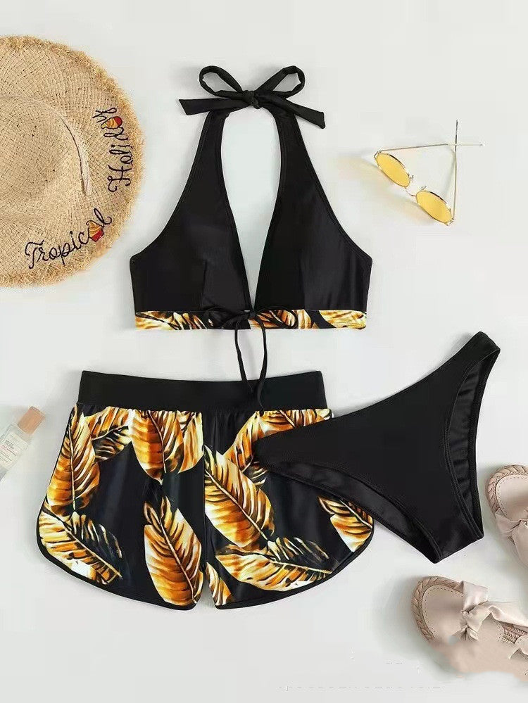 Dalvienne Bikini Set | Halter Bikini Top with High-Waisted Tropical Print Swim Shorts