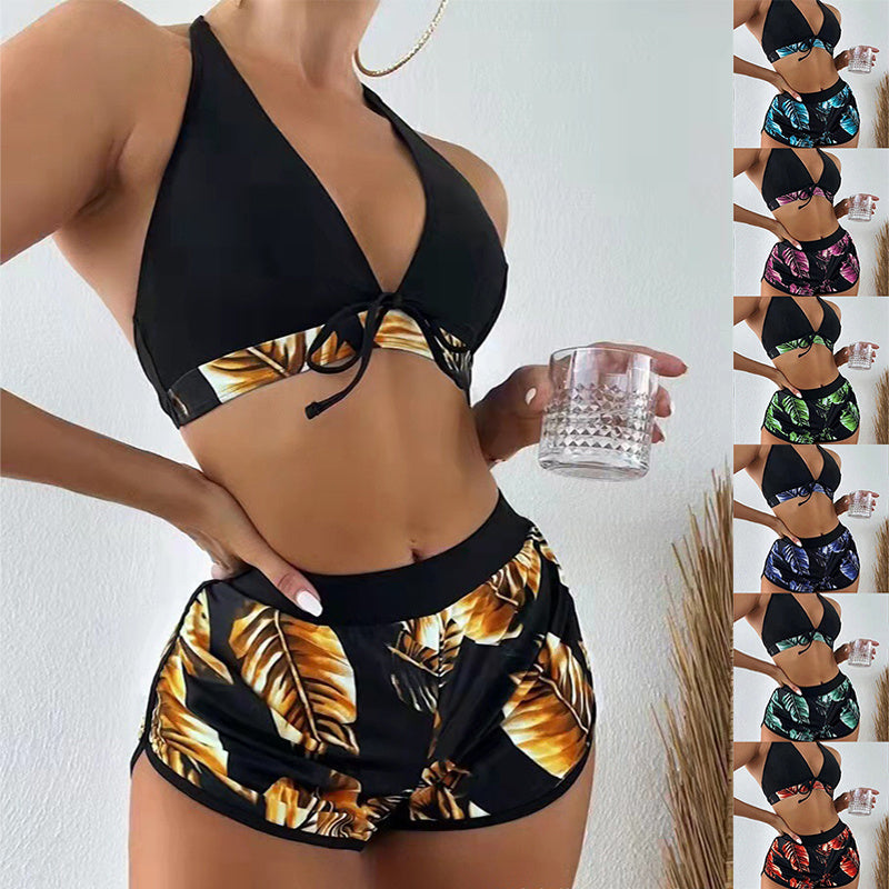 Dalvienne Bikini Set | Halter Bikini Top with High-Waisted Tropical Print Swim Shorts