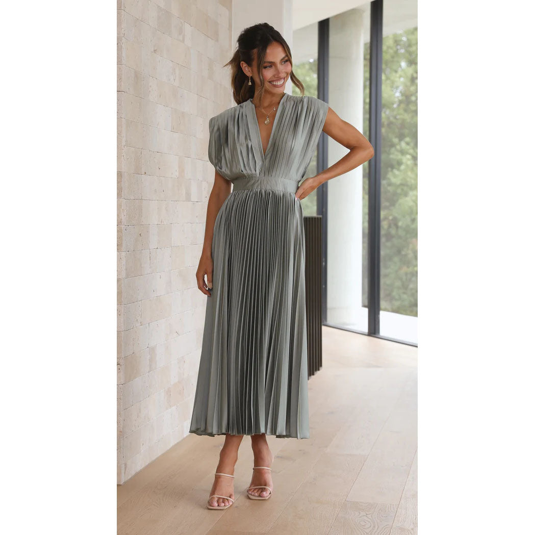 Dorealis Dress | Pleated Midi Dress with V-Neckline and Elegant Flowing Fit