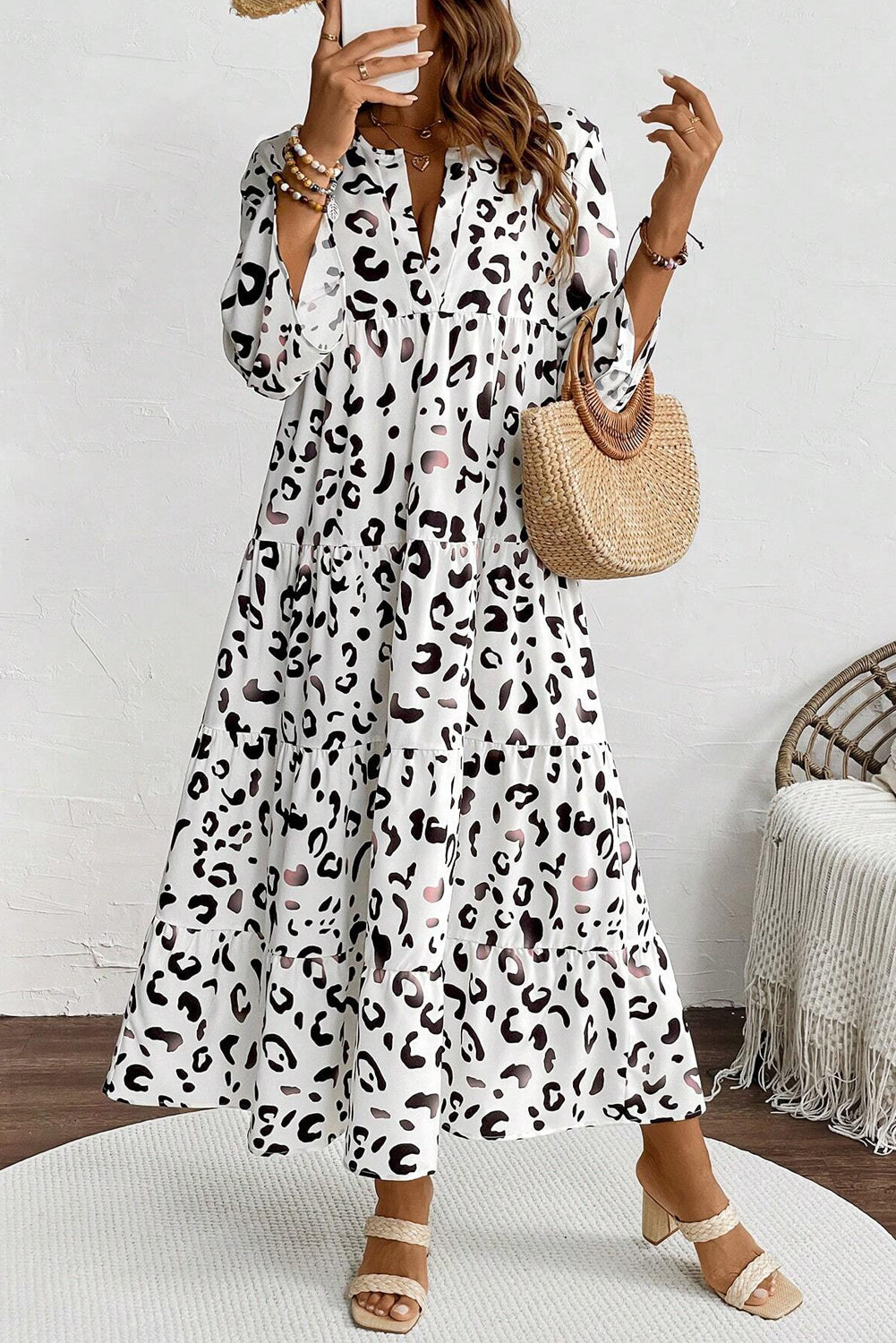 Ximena Maxi Dress | White Leopard Print Loose Fit Dress