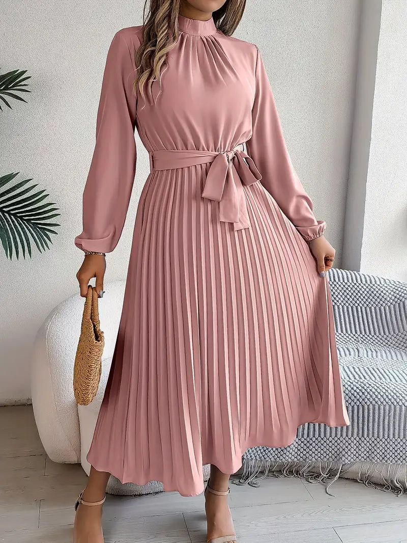 Bethan Midi Dress | Women’s Elegant Midi Dress with Stand Collar and Pleated Waist Belt