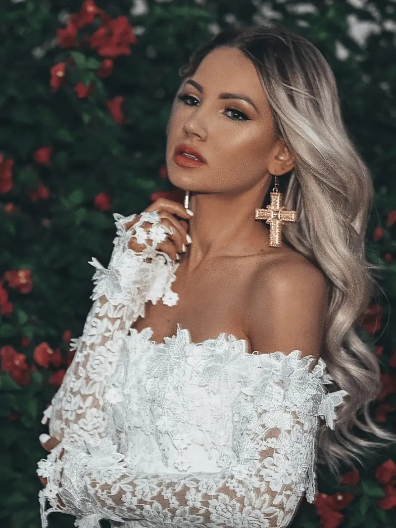 Cybella Mini Dress | White Off-Shoulder Lace Bodycon Dress with Long Sleeves