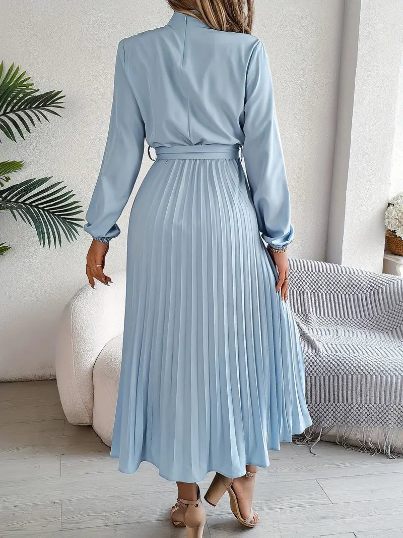Bethan Midi Dress | Women’s Elegant Midi Dress with Stand Collar and Pleated Waist Belt