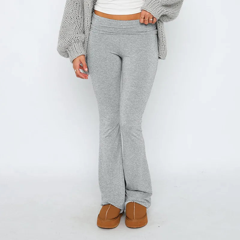 Curayna Two-Piece Set | Ribbed Short and Long Sleeve Crop Top and Flared Pants Outfit