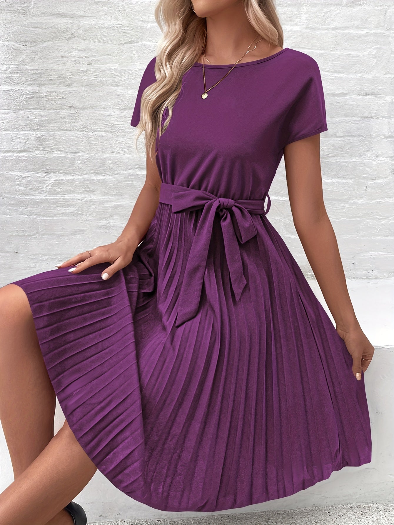 Ulania Dress | Elegant Pleated Round-Neck Midi Dress