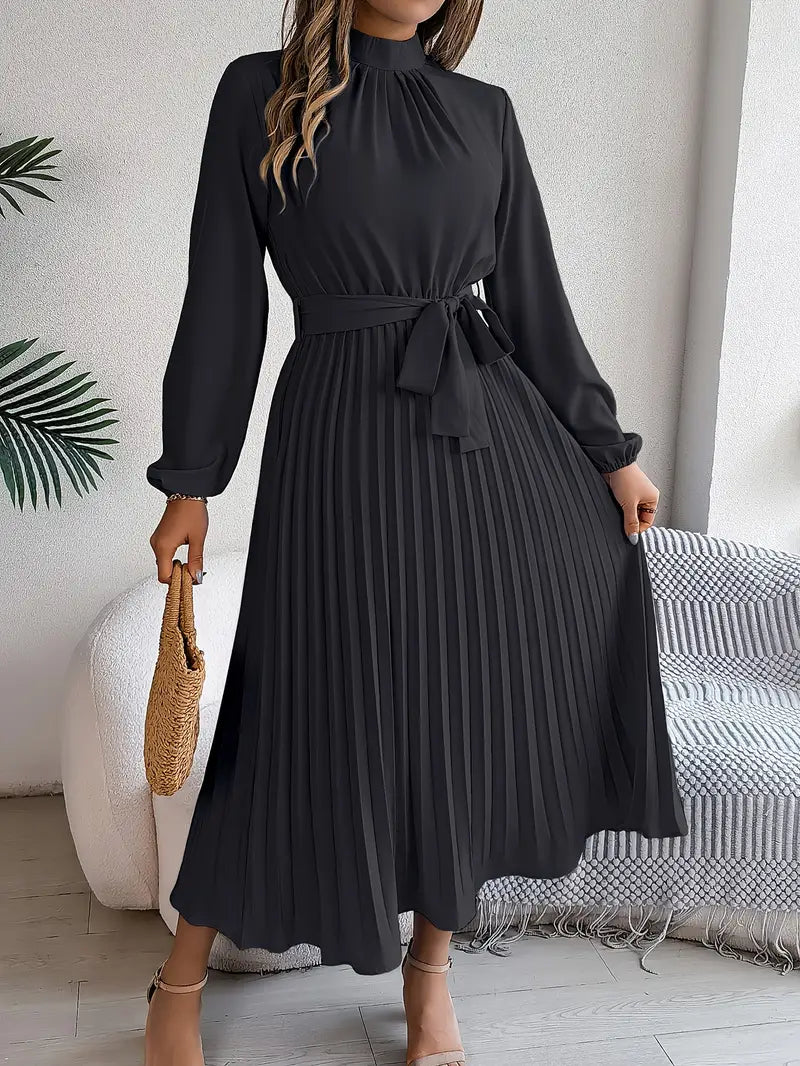 Bethan Midi Dress | Women’s Elegant Midi Dress with Stand Collar and Pleated Waist Belt