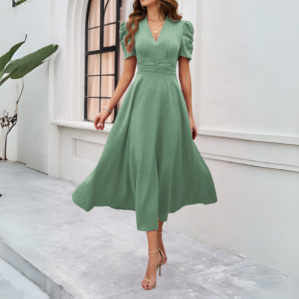 Qivah Dress | Women's Autumn V-Neck Puff Sleeve Maxi Dress