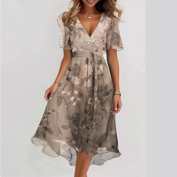 Clessia Midi Dress | Floral V-Neck Wrap Dress with Short Sleeves