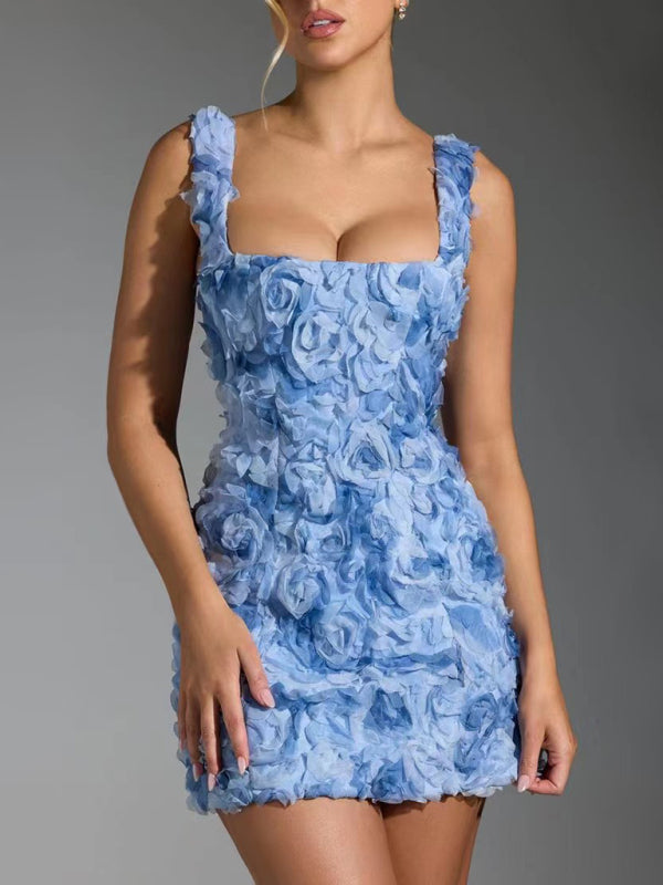 Celwynn Mini Dress | Pink 3D Floral Appliqué Sleeveless Bodycon Mini Dress with Square Neckline