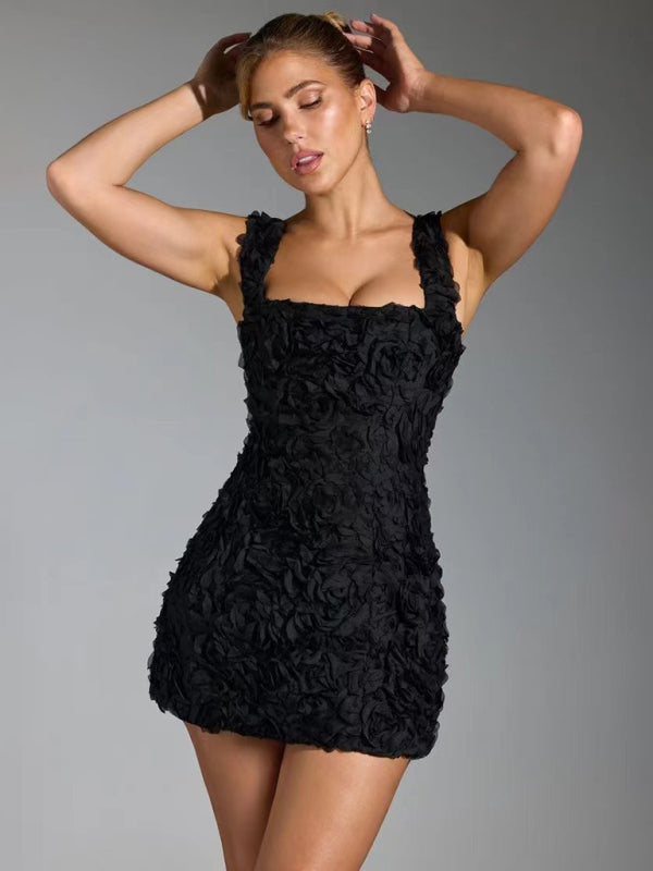 Celwynn Mini Dress | Pink 3D Floral Appliqué Sleeveless Bodycon Mini Dress with Square Neckline