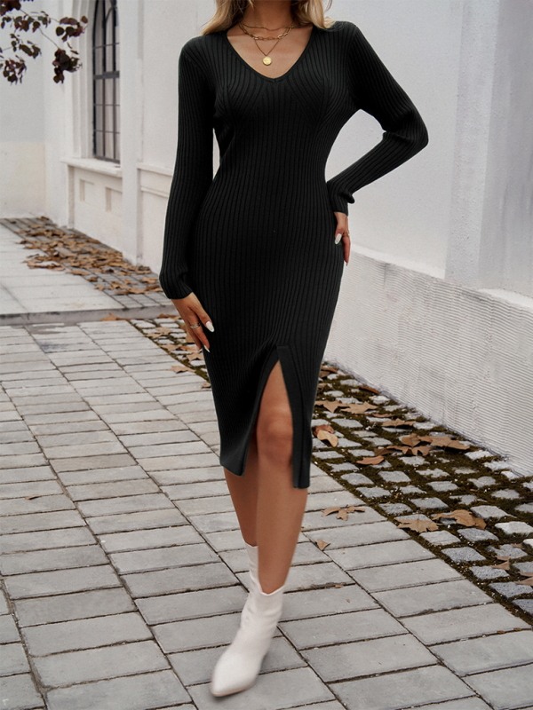 Nettie Dress | Ribbed V-Neck Knitted Midi Dress with Split